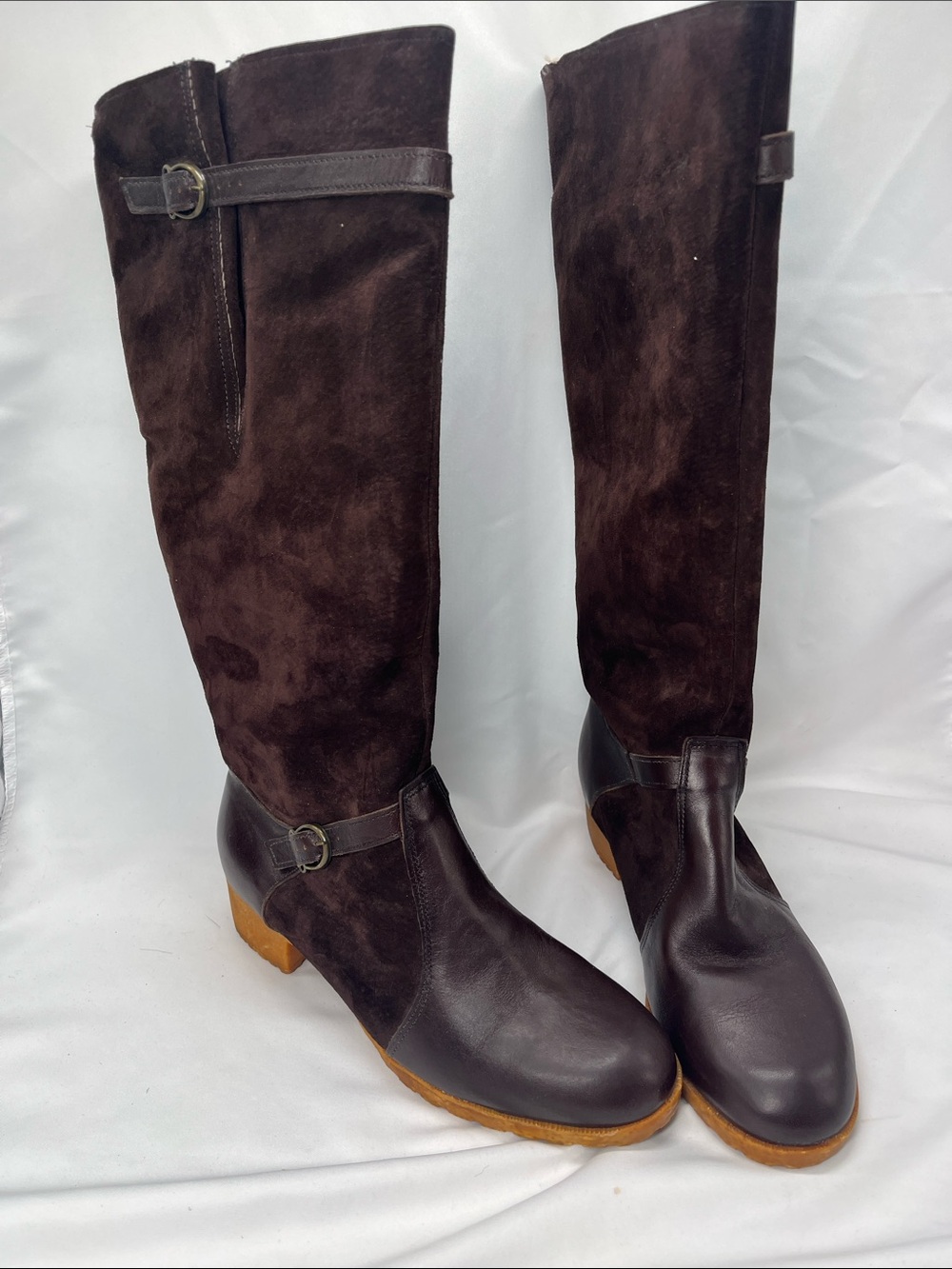 Vintage 1960s Hush Puppies Brown Suede Knee High Boots with Buckle